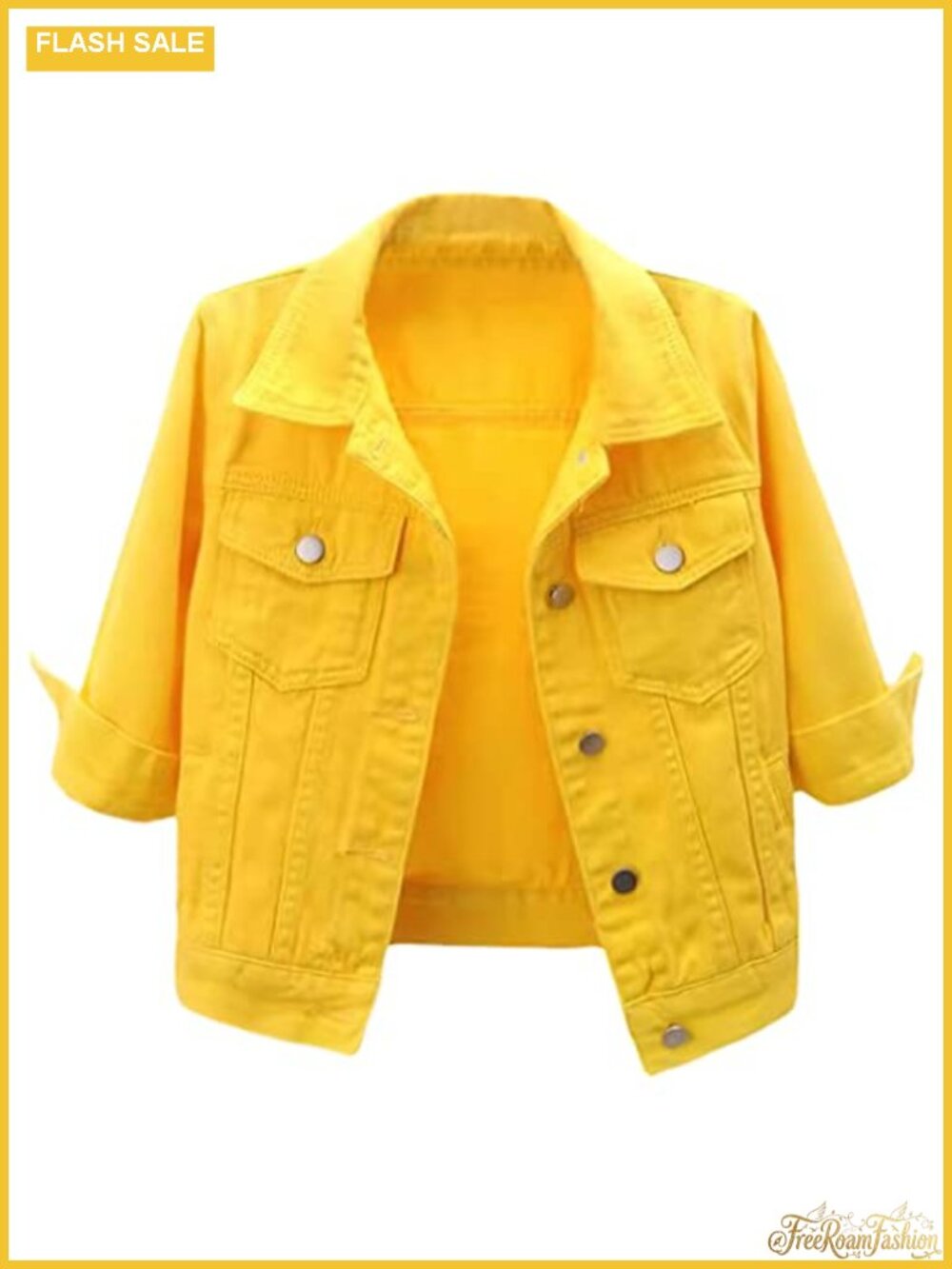 Women's Cropped Denim Jacket 3/4 Sleeve Button Down Casual Jean Coat